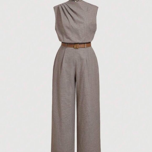 Boutique Pants - Effortless Elegance: Women's Brown Plaid Belted Jumpsuit